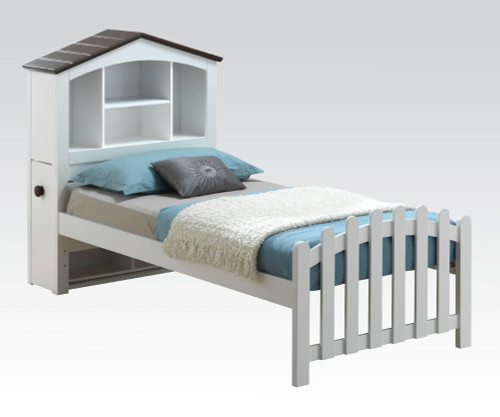 White Twin Fence Bed w/ Hidden Nightstand