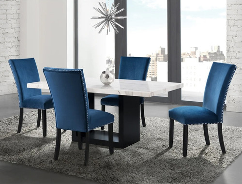 VALERY White Marble Table & Blue Velvet Chairs 5-Piece Dining Set