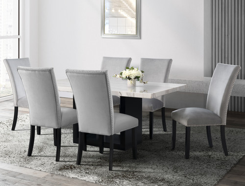 VALERY White Marble Table & Gray Velvet Chairs 7-Piece Dining Set