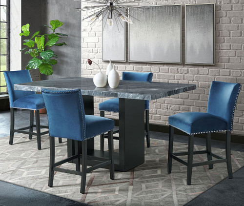 VALERY Gray Marble Table & Blue Velvet Chairs 5-Piece Counter Height Set