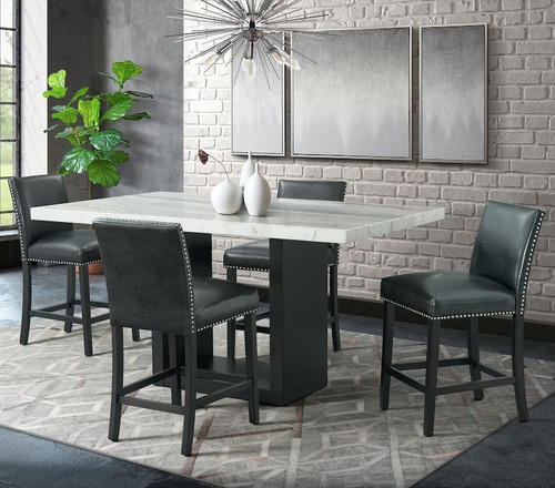 VALERY White Marble Table & Black Faux Leather Chairs 5-Piece Counter Height Set