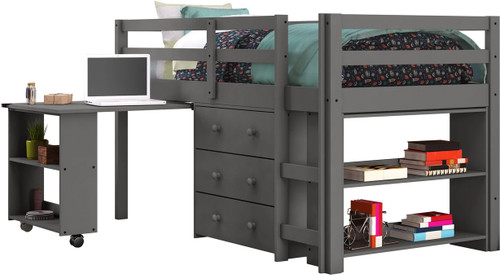 BRAD Gray Low Loft Platform Bed with Roll Out Desk and Storage