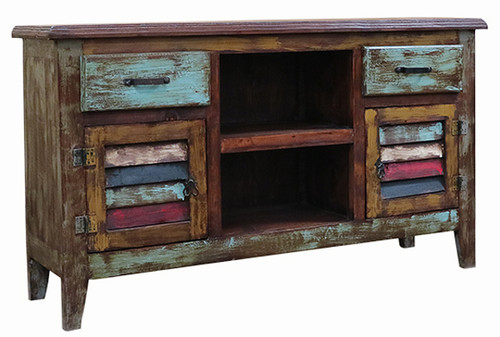 Santos Rustic Painted Solid Wood TV Stand With Two Doors & Two Drawers