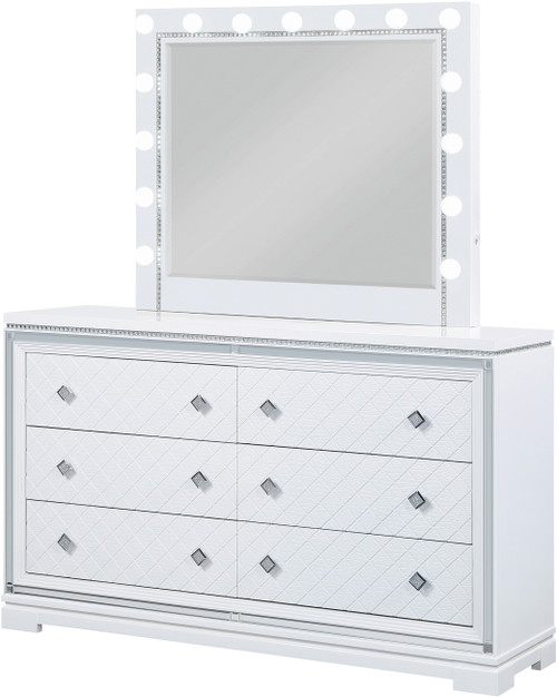 GENOA White 63" Wide Dresser & Mirror with Lights