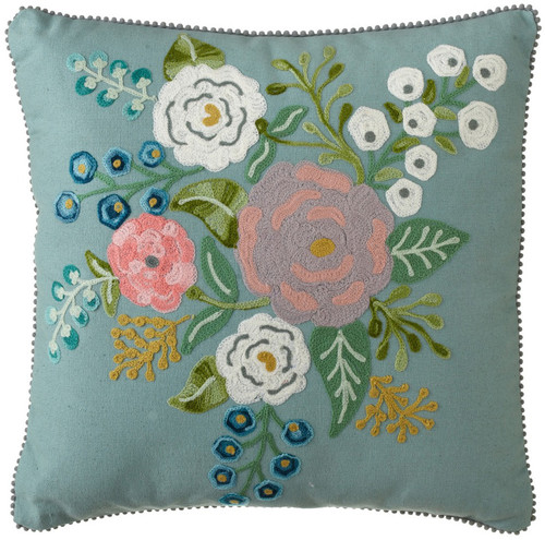 Light Blue Embroidered Floral Pillow