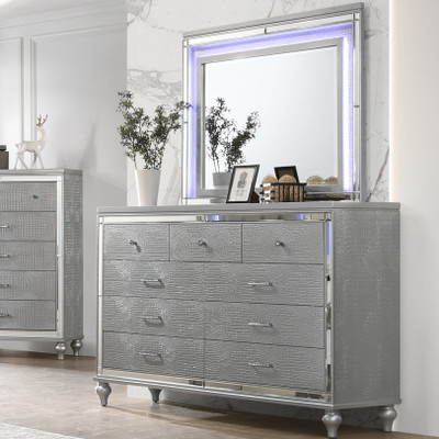 long silver dresser Furniture of America Seabliss Silver Glam 9 Drawer 62 in. Wide Dresser With Mirror IDF-7416SV-DM