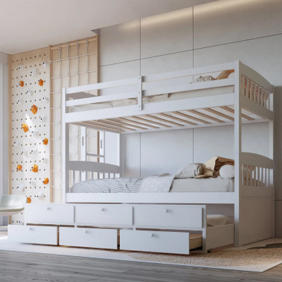 RASCAL White Twin over Twin Bunk Bed with Trundle Drawers CB
