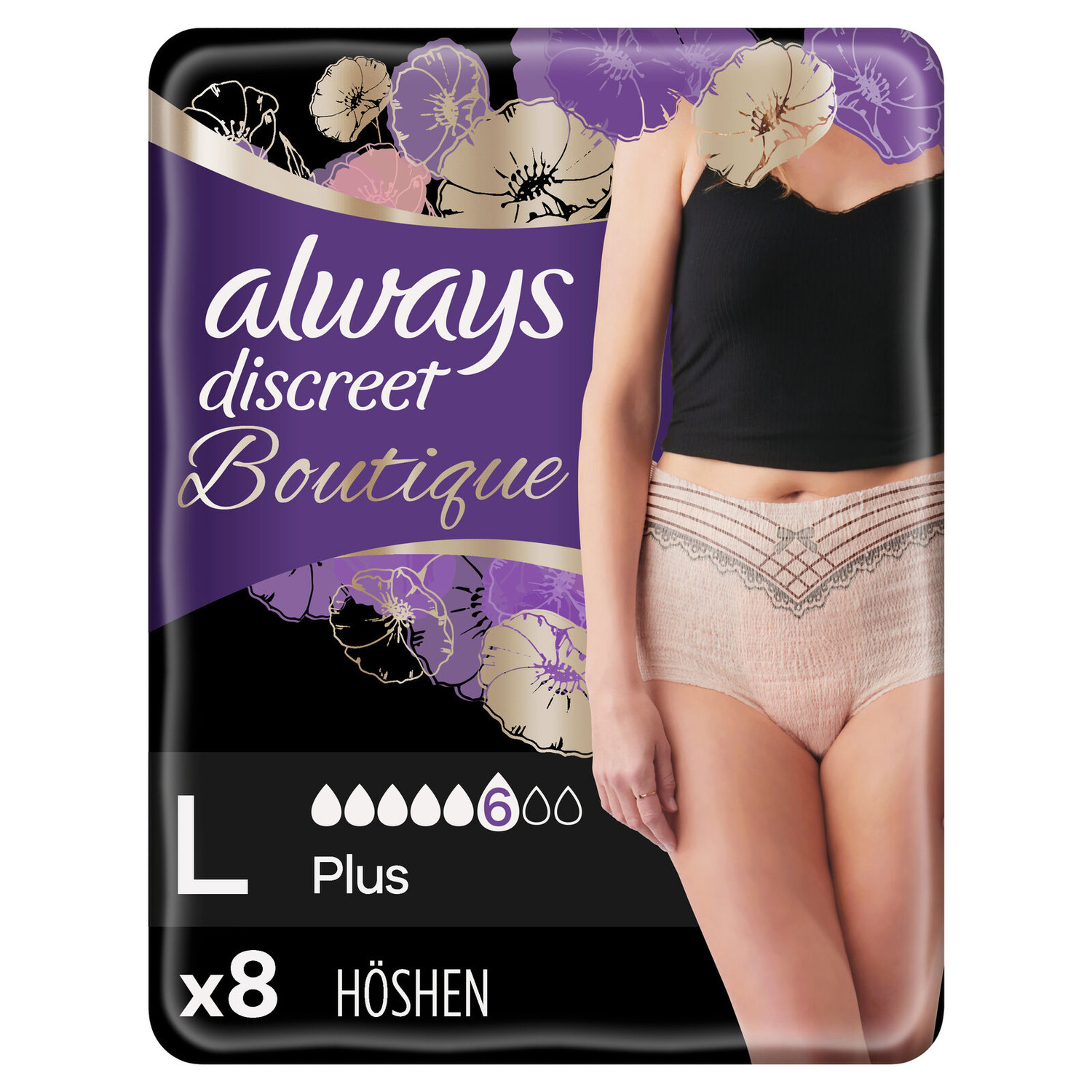 Always Discreet Boutique Underwear Incontinence Pants, Large, Pack of 8  Underwear