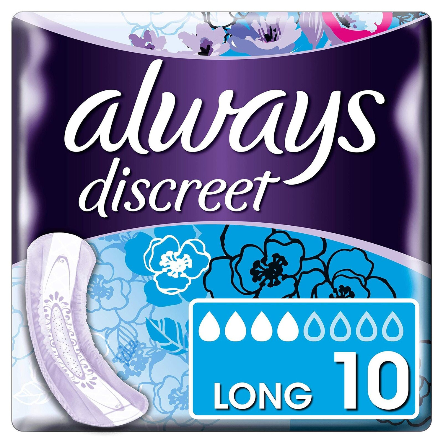 Always Discreet Incontinence Pads Plus Long, 10 Pads