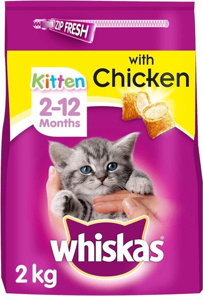 Whiskas Dry Cat Food Kitten Kibbles with Chicken Aids Dental/Urinary Health 2kg