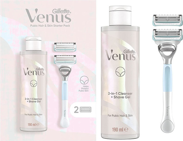 Gillette Venus for Pubic Hair & Skin Women's Razor, 2 Blade Refills and 2in1 Shave Gel and Cleanser 190ml