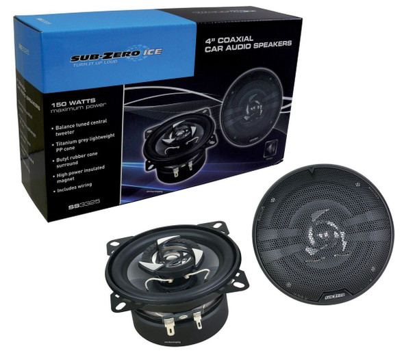 SUB ZERO SS3325 Ice 4-inch Coaxial 150W Speakers for In-Car Stereo Music, Black
