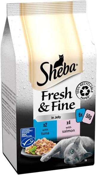 Sheba Fresh & Fine Wet Cat Food Pouches Tuna & Salmon in Jelly 6 x 50g