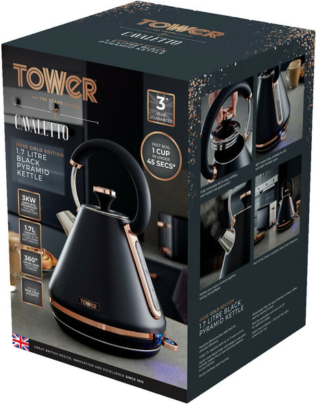 Tower T10044RG Cavaletto Pyramid Kettle with Fast Boil, Detachable Filter, 1.7 Litre, 3000 W, Black and Rose Gold