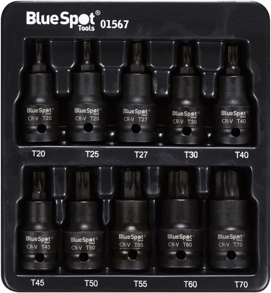 Blue Spot Tools Impact Torx T Star Bit Socket Set TRX Sockets 10-Piece 1/2"Drive T20-T70 S2 Steel