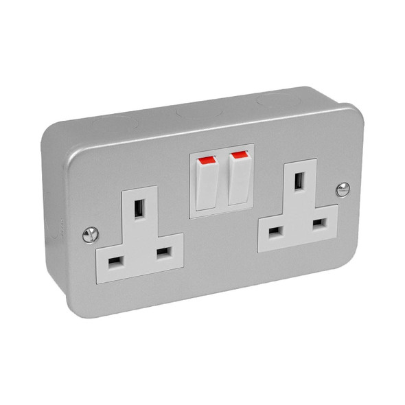 Status 2 Gang Double 13 amp Metal Clad Wall Socket Switched Silver