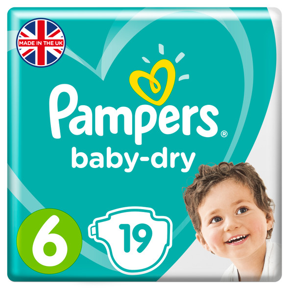 19 x Pampers Baby Dry Nappies 12 Hour, Size 6 Flexible Sides 13-18kg, Carry Pack