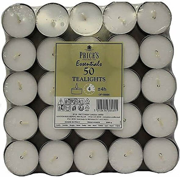 Prices Patent Candles White Tealights Bag, Pack of 50, Wax, l x 3.8cm w x 1.8cm h
