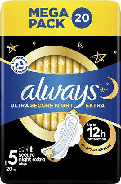 5 x Always Ultra Sanitary Towel Pads with Wings Secure Night Size 5, 20 Pack