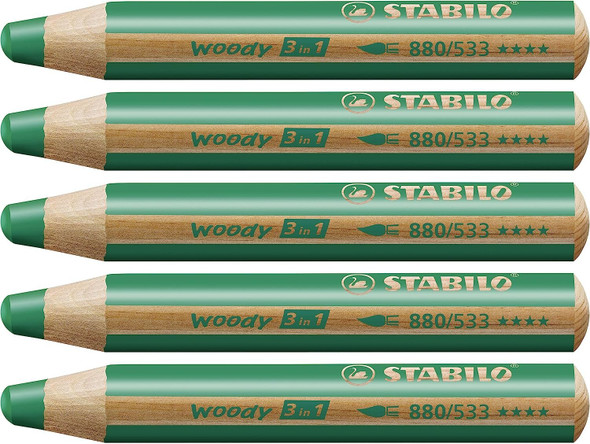 Multi-talented Pencil - STABILO woody 3-in-1 - Box of 5 - dark green