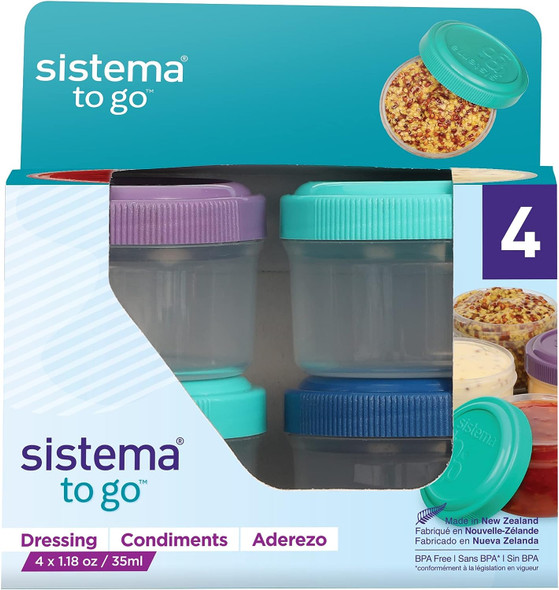 Sistema Dressing Pots TO GO, Food Container Sauce Pots with Lids, 4 x 35 ml, BPA-Free, Teal, Purple, Blue Lids, 4 Count