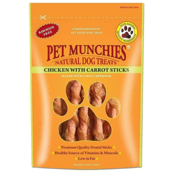 6 x Pet Munchies Chicken & Carrot Sticks Dog Treats 80g Dental Snacks - Natural
