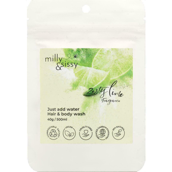 milly&sissy Hair & Body Wash Sachet, Zesty Lime - Vegan/Natural - Just Add Water