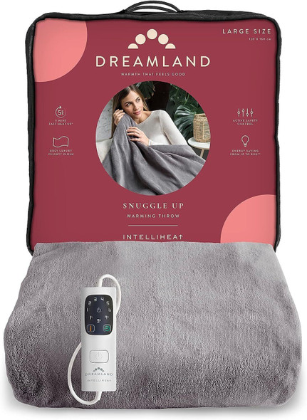 Dreamland Relaxwell Luxury Snuggle Up Warming Electric Throw/ Blanket (Intelliheat+ Fast Heat, 120 x 160 cm, Machine Washable, 6 Temperature Settings, Safety controls, 1 Detachable control) Grey