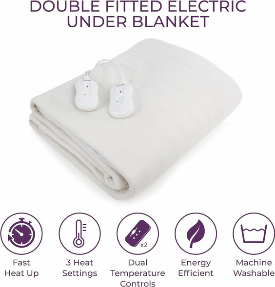 Carmen Double Fitted Electric Under Blanket with Overheat Protection, 65W x 2, White