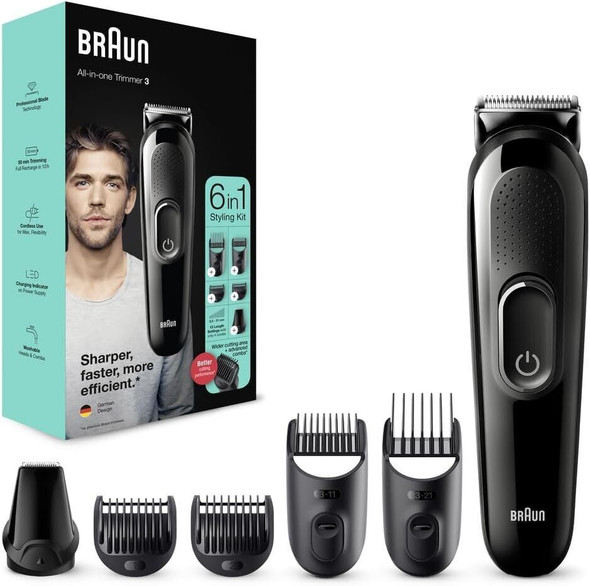 Braun 6-in1 All-in-One Style Kit Series 3, Male Grooming Kit With Beard Trimmer, Hair Clippers & Precision Trimmer, With Lifetime Sharp Blades, Gifts for Men, UK 2 Pin Plug, MGK3420, Black