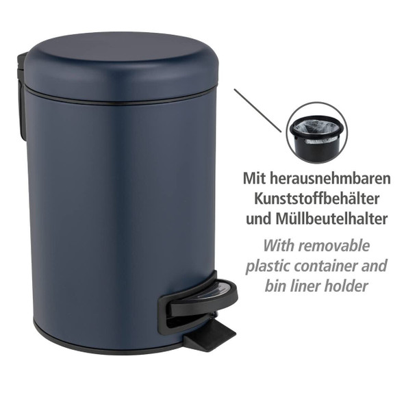 Wenko Leman pedal bin, 3 liters, with removable insert, made of painted steel, 17 x 25 x 22.5 cm, dark blue matt