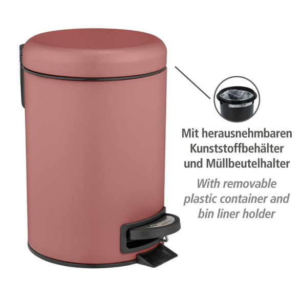 Wenko Leman pedal bin, 3 liters, with removable insert, made of painted steel, 17 x 25 x 22.5 cm, antique pink