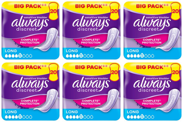 6 x Always Discreet Adult Incontinence Pads Long Sensitive Bladder Pack of 20