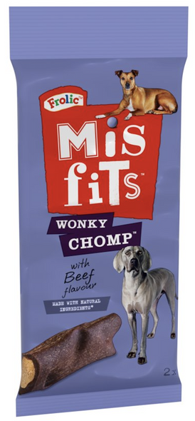 Misfits Wonky Chomp Medium Dog Treats Dental Chews Beef Flavoured 2 Pack Sticks