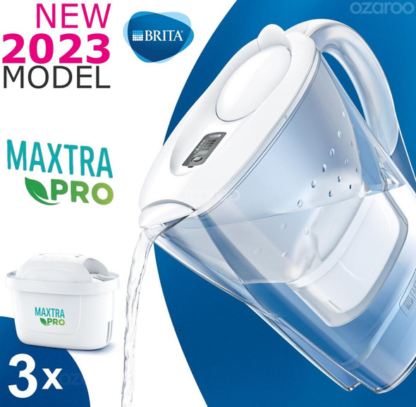 BRITA Marella Water Filter Jug White (2.4L) Starter Pack incl. 3x MAXTRA PRO All-in-1 cartridge - fridge-fitting jug with digital LTI and Flip-Lid - now in sustainable Smart Box packaging