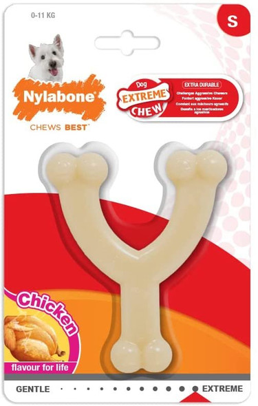 Nylabone Dura Chew Extreme Tough Dog Chew Toy Bone, Chicken Flavour Wishbone, M, for Dogs Up to 16 kg