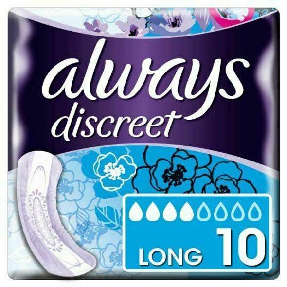 Always Discreet Incontinence Pads Plus Long, 10 Pads