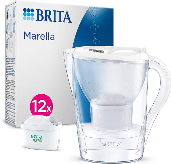 BRITA Marella Water Filter Jug White (2.4L) Annual Pack incl. 12x MAXTRA PRO All-in-1 cartridge - fridge-fitting jug with digital LTI and Flip-Lid - now in sustainable Smart Box packaging