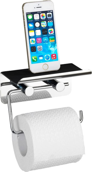 WENKO Toilet Paper Holder with Shelf, Stainless steel, Silver Shiny, 7 x 14 x 11.5 cm