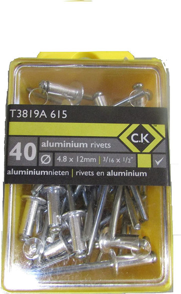 C.K T3819A 615 Aluminium Rivets, Silver, 4.8 x 12 mm 3/16-Inch, Set of 40 Piece