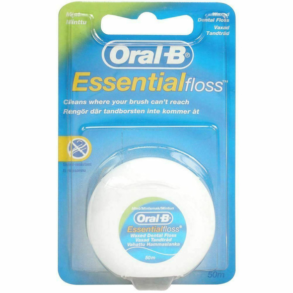 Oral-B Essential Dental Floss Mint Waxed 50m, Medium - Removes Plaque & Bacteria