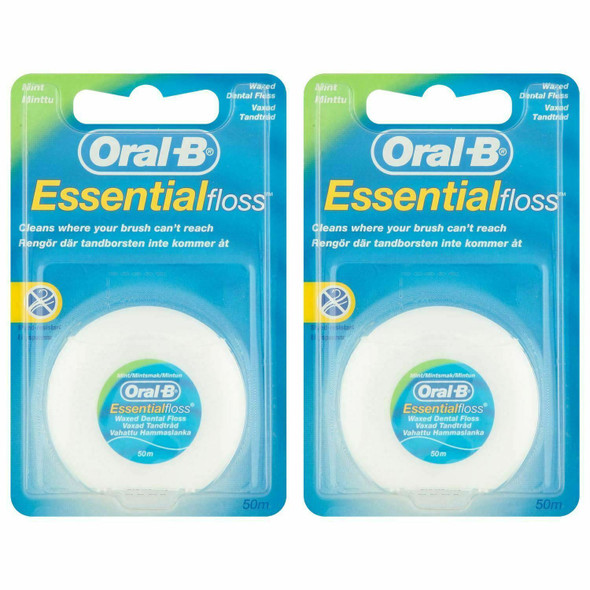2 x Oral-B Essential Dental Floss Mint Waxed 50m Medium Remove Plaque & Bacteria
