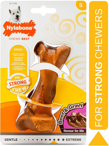 Nylabone Strong Tough Durable Rubber Dog Chew Toy Bone, Beef and Gravy Flavour, Small, for dogs up to 11 kg