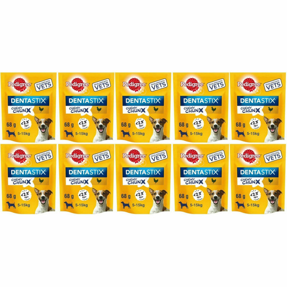 Pedigree Dentastix Chewy Chunx Mini Dog Treat Chicken Flavour. Pack of 10x 68g (2 Boxes). Helps clean dogs teeth.