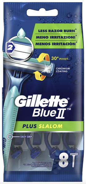 2 x Gillette Blue II Plus Slalom Men's Disposable Razors with LubraStrip 8 Pack