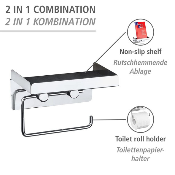 WENKO Toilet roll Holder 2in1, Stainless steel, Silver Shiny, 11.5 x 16 x 12.5 cm
