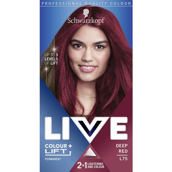 Schwarzkopf LIVE Colour Plus Lift, Long-Lasting Permanent Red Hair Dye, Lightens Up To 3 Levels- Deep Red L75