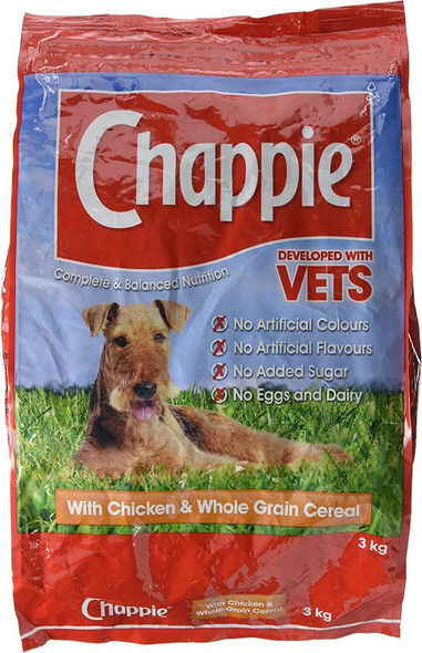 Chappie Adult Dry Dog Food, Chicken and Whole Grain Cereal, 3kg