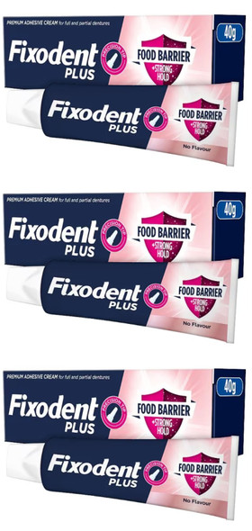 3 x Fixodent Plus Dual Premium Food Seal Denture Adhesive Cream 10x Stronger 40g
