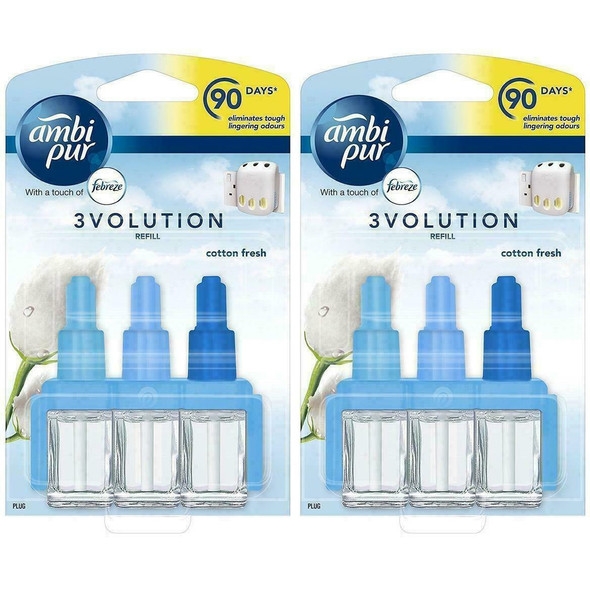 Febreze Ambi Pur 3Volution Air Freshener Plug-In Diffuser Refill, Odour Eliminator, Cotton Fresh, Package may vary, 2 x 20ml, Pack of 1